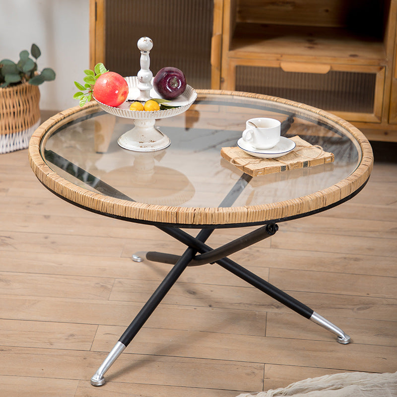 Cross Legs Round Glass Coffee Cocktail Table with Rattan Accent