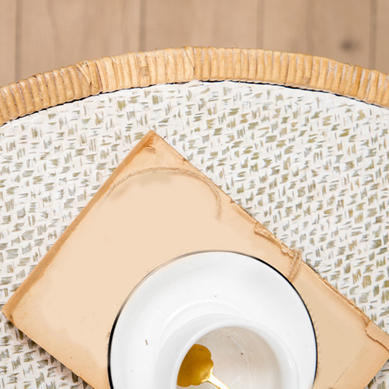 Cross Legs Round Glass Coffee Cocktail Table with Rattan Accent
