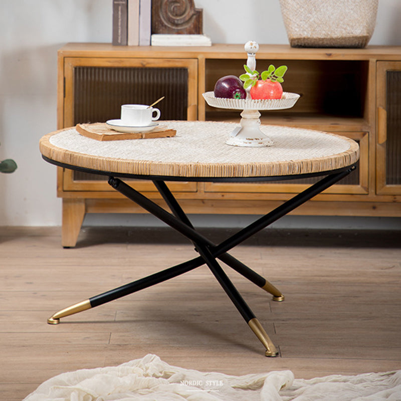 Cross Legs Round Glass Coffee Cocktail Table with Rattan Accent