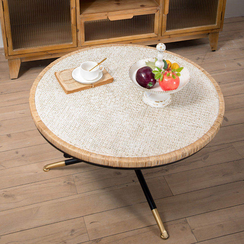 Cross Legs Round Glass Coffee Cocktail Table with Rattan Accent