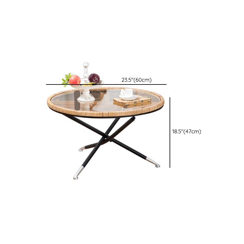 Cross Legs Round Glass Coffee Cocktail Table with Rattan Accent