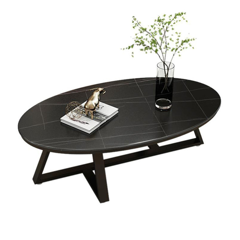 17.7" Tall Iron Cross Legs Cocktail Table Oval Slate Top Coffee Table