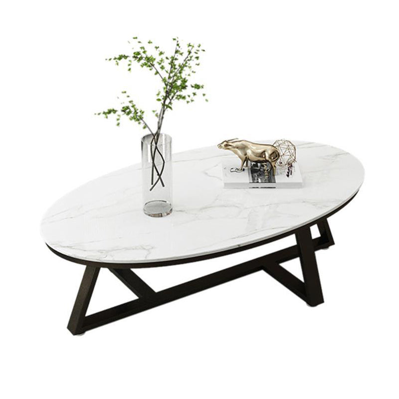 17.7" Tall Iron Cross Legs Cocktail Table Oval Slate Top Coffee Table