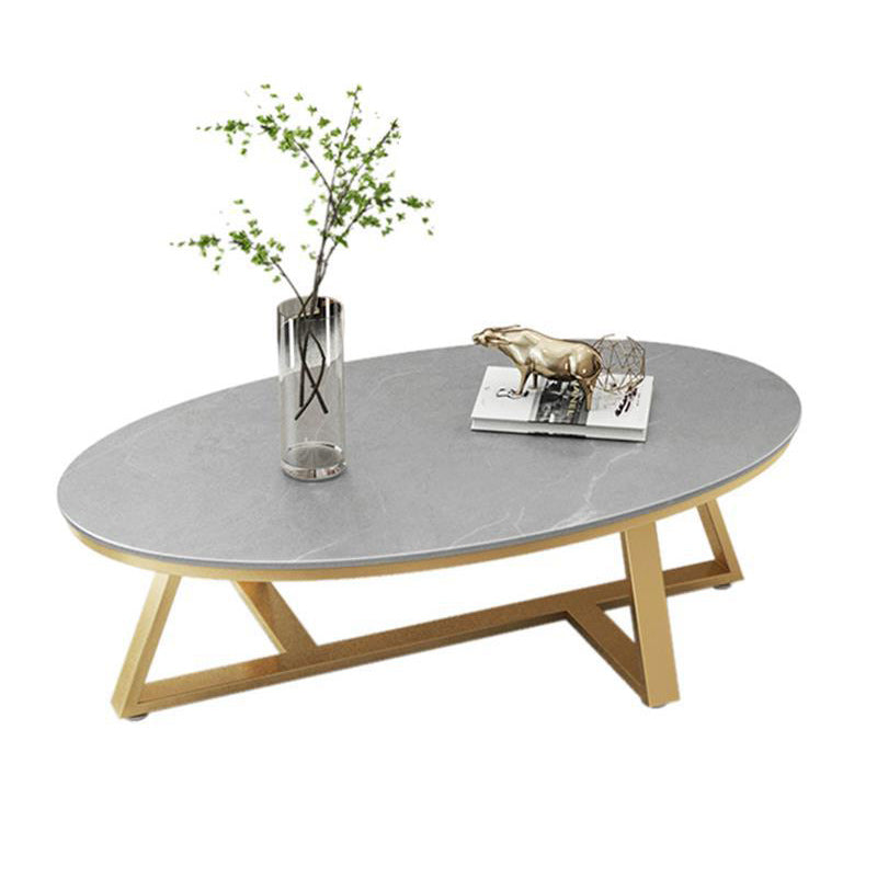 17.7" Tall Iron Cross Legs Cocktail Table Oval Slate Top Coffee Table