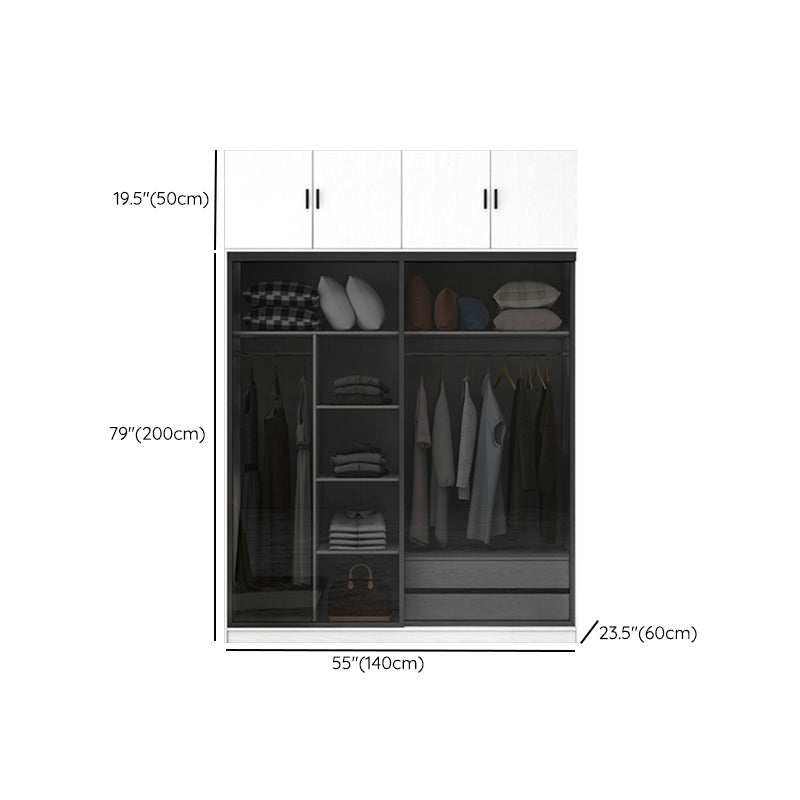 White Wardrobe with Grey Glass Doors Modern Storage Cabinet for Bedroom