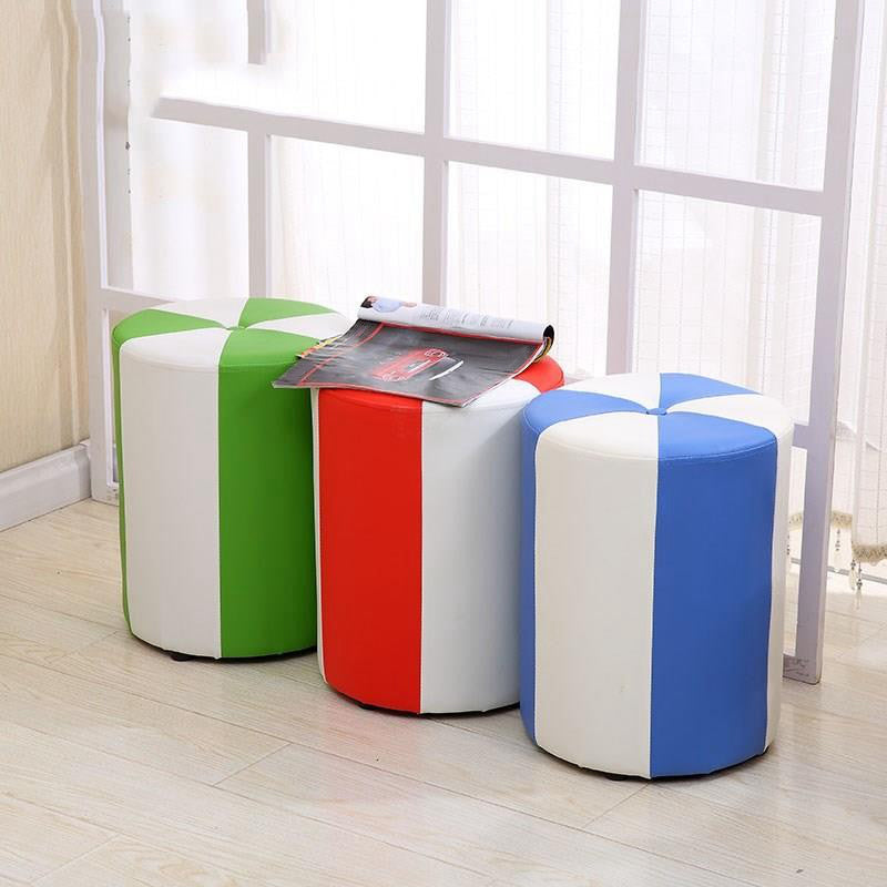 Modern Ottoman Faux Leather Upholstered Stripe Printed Cylinder Shape Ottoman