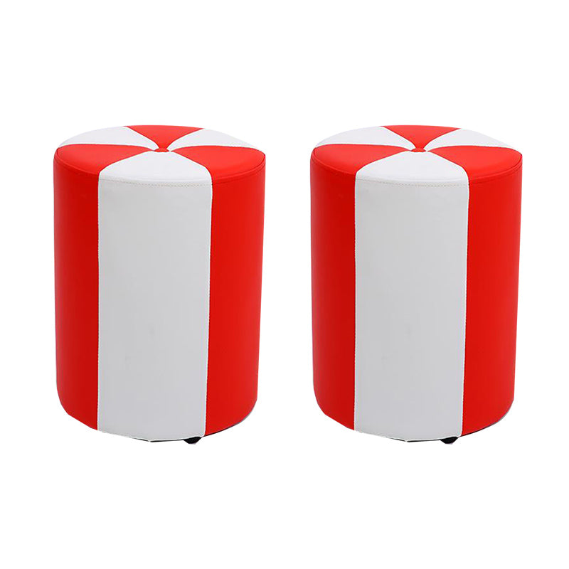 Modern Ottoman Faux Leather Upholstered Stripe Printed Cylinder Shape Ottoman
