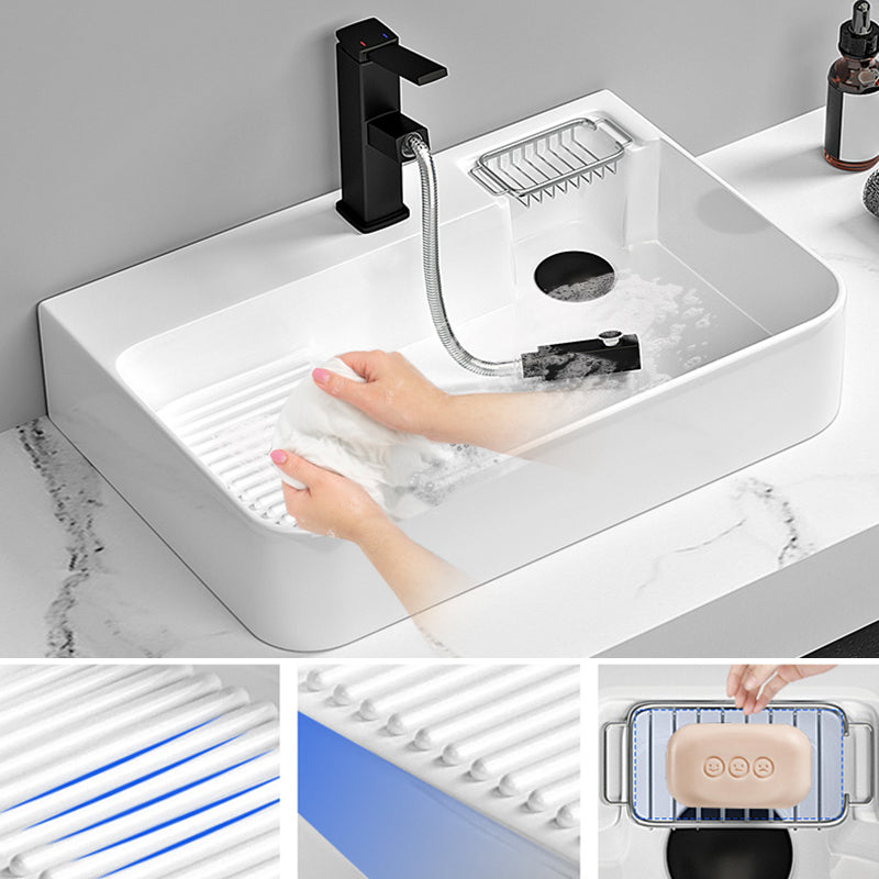 Contemporary Bathroom Sink Porcelain Solid Color Rectangular Vessel Sink with Pop-Up Drain