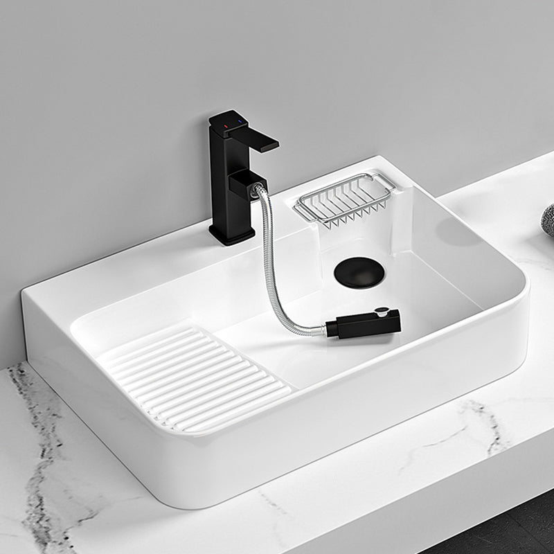 Contemporary Bathroom Sink Porcelain Solid Color Rectangular Vessel Sink with Pop-Up Drain