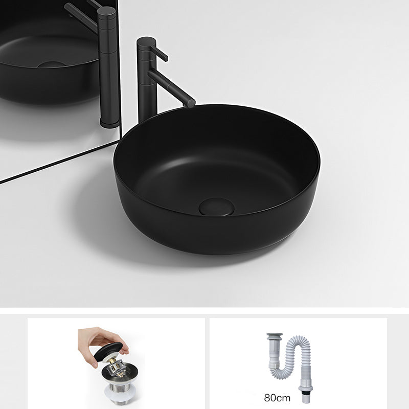 Modern Bathroom Sink Pop-Up Drain Porcelain Round Vessel Lavatory Sink