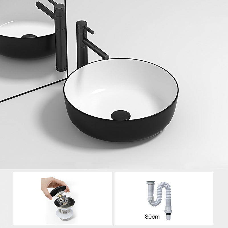 Modern Bathroom Sink Pop-Up Drain Porcelain Round Vessel Lavatory Sink