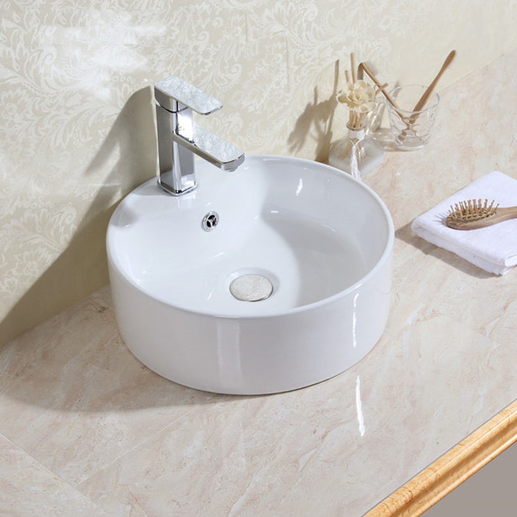 Modern Bathroom Sink Porcelain Round with Overflow and Pop-Up Drain Vessel Lavatory Sink