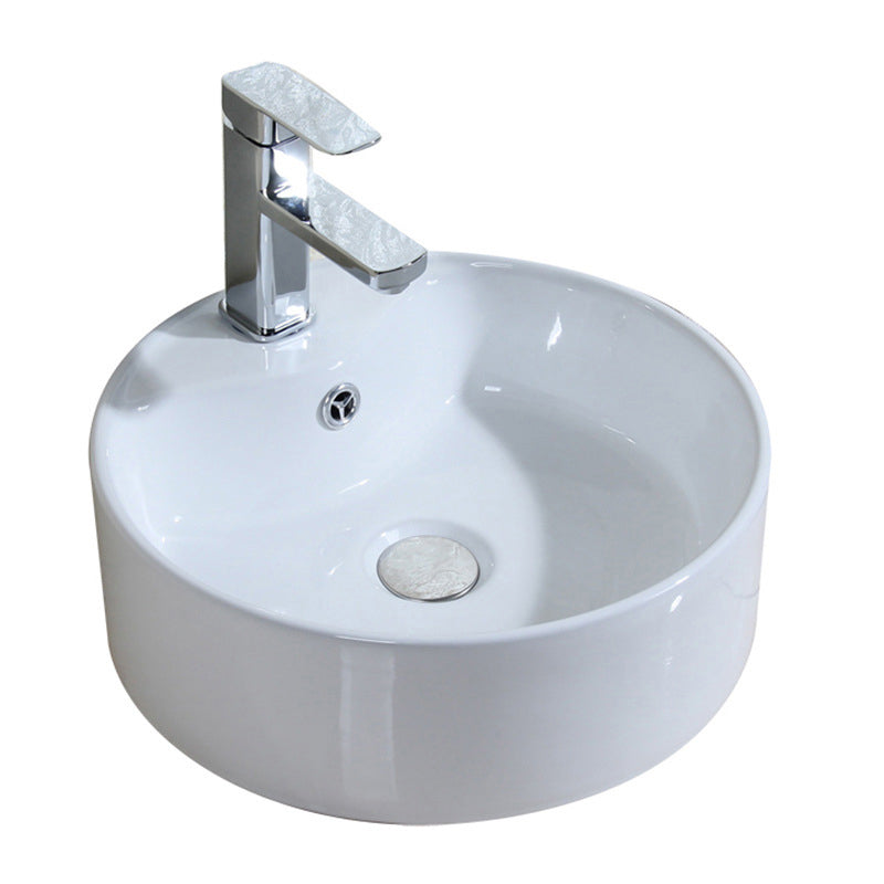Modern Bathroom Sink Porcelain Round with Overflow and Pop-Up Drain Vessel Lavatory Sink