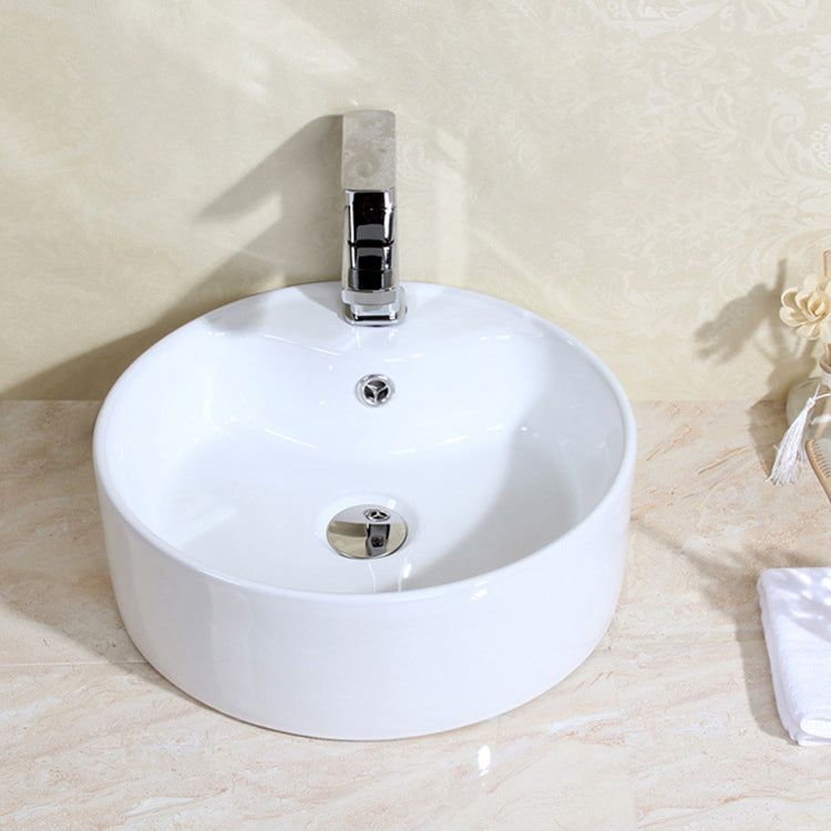 Modern Bathroom Sink Porcelain Round with Overflow and Pop-Up Drain Vessel Lavatory Sink
