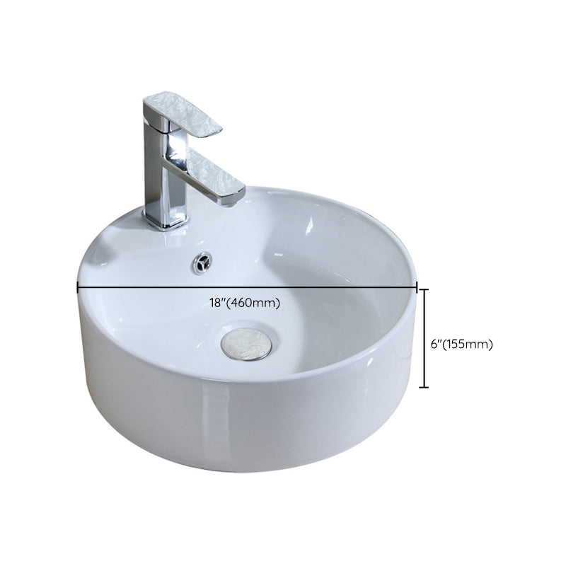 Modern Bathroom Sink Porcelain Round with Overflow and Pop-Up Drain Vessel Lavatory Sink