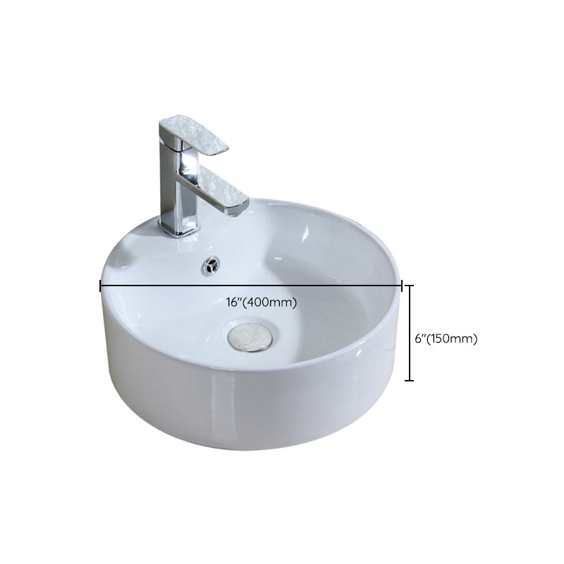 Modern Bathroom Sink Porcelain Round with Overflow and Pop-Up Drain Vessel Lavatory Sink