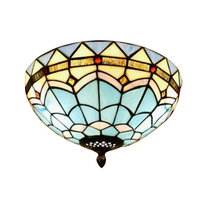 12"/16"/19.5" W Stained Glass Bowl Flush Mount Ceiling Light Lodge 1/2/4 Light Flush Mount Light in Blue/Light Blue for Living Room