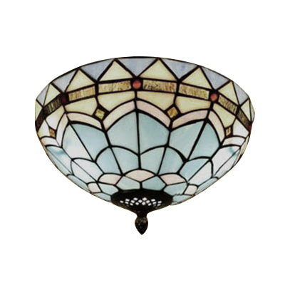 12"/16"/19.5" W Stained Glass Bowl Flush Mount Ceiling Light Lodge 1/2/4 Light Flush Mount Light in Blue/Light Blue for Living Room