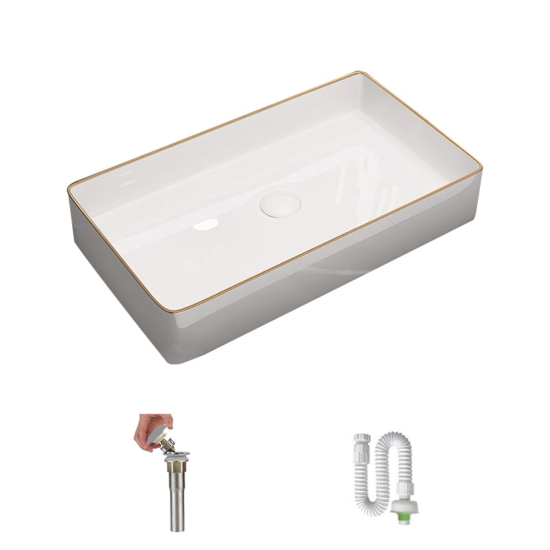 Modern Bathroom Sink Porcelain Rectangular Vessel Sink with Pop-Up Drain