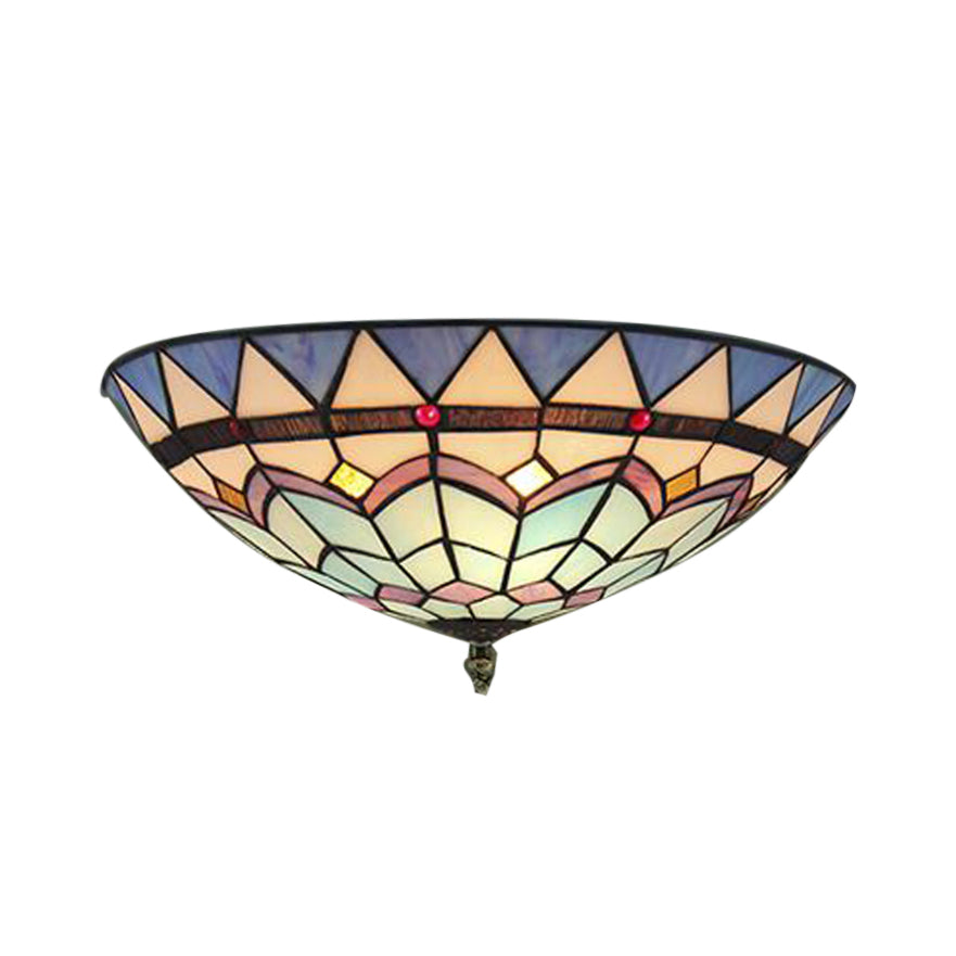 12"/16"/19.5" W Stained Glass Bowl Flush Mount Ceiling Light Lodge 1/2/4 Light Flush Mount Light in Blue/Light Blue for Living Room