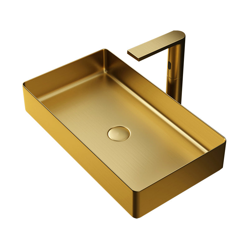 Contemporary Bathroom Sink Pop-Up Drain Metal Solid Color Rectangular Vessel Sink