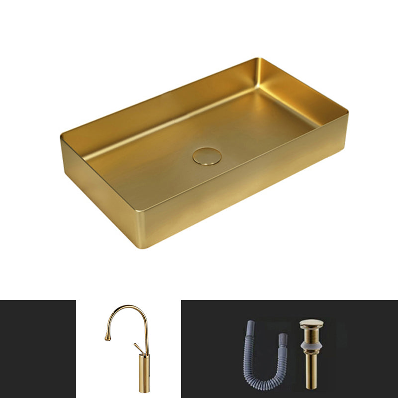 Contemporary Bathroom Sink Pop-Up Drain Metal Solid Color Rectangular Vessel Sink