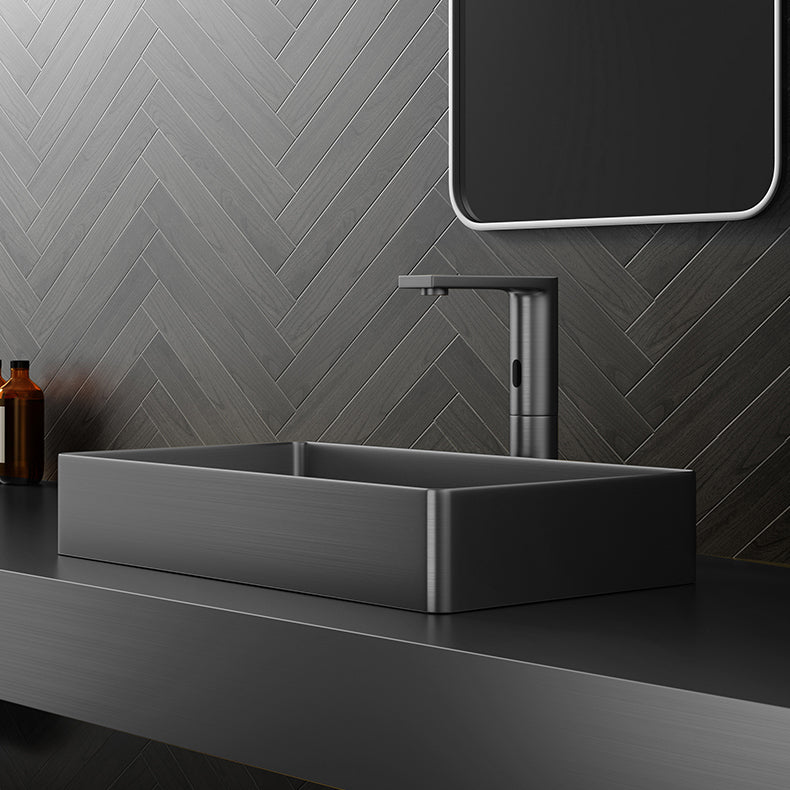 Contemporary Bathroom Sink Pop-Up Drain Metal Solid Color Rectangular Vessel Sink