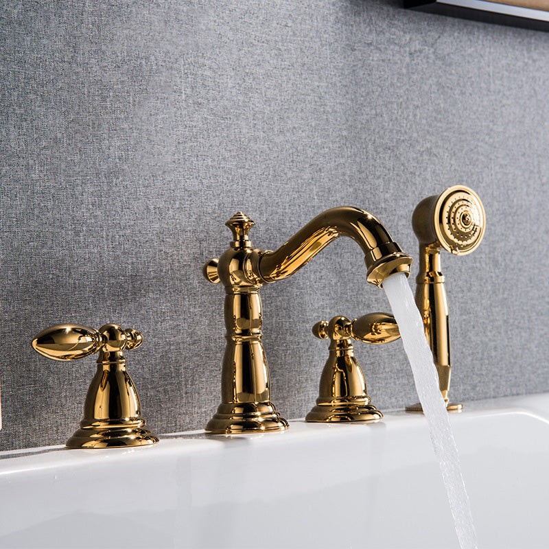 Gold and Chrome Roman Tub Filler Two Handle Deck-Mount Tub Faucet with Handshower