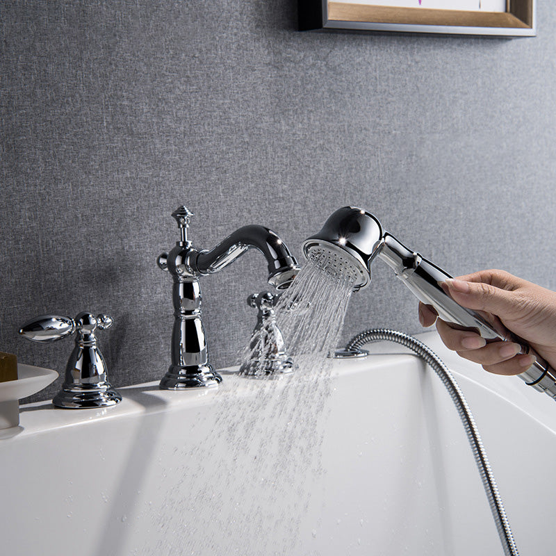 Gold and Chrome Roman Tub Filler Two Handle Deck-Mount Tub Faucet with Handshower