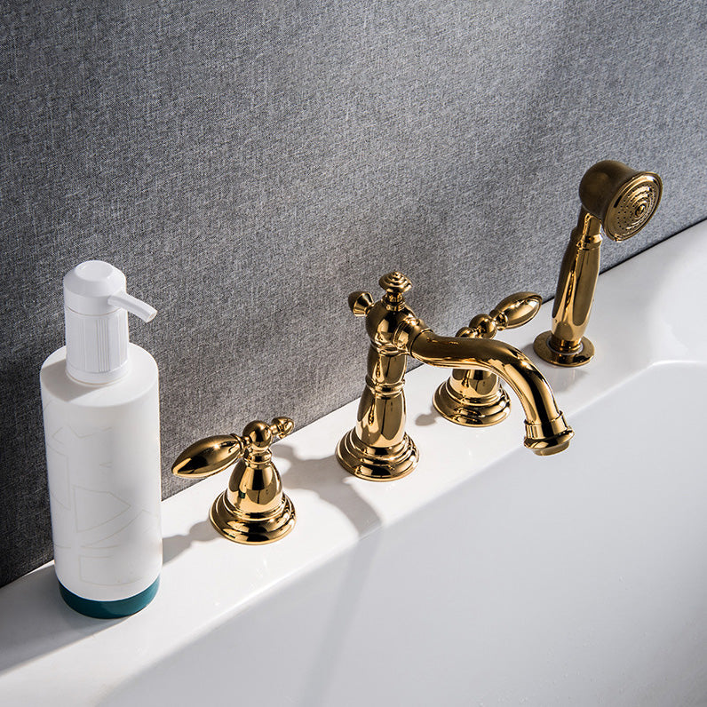 Gold and Chrome Roman Tub Filler Two Handle Deck-Mount Tub Faucet with Handshower