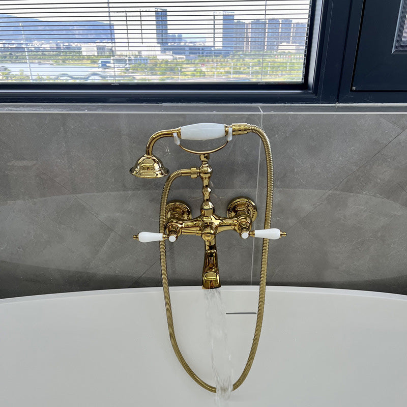 Gold and Silver Claw Foot Tub Faucet Wall Mounted 2-Handle Tub Filler with Handheld Shower