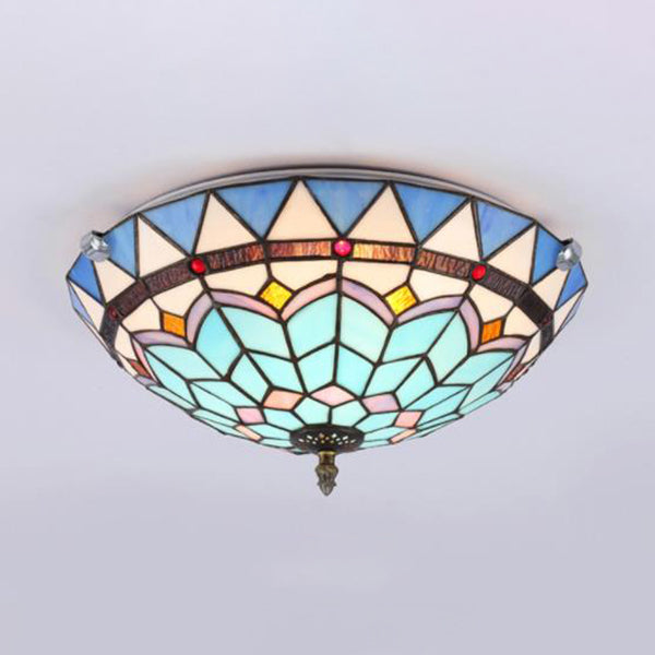 12"/16"/19.5" W Stained Glass Bowl Flush Mount Ceiling Light Lodge 1/2/4 Light Flush Mount Light in Blue/Light Blue for Living Room