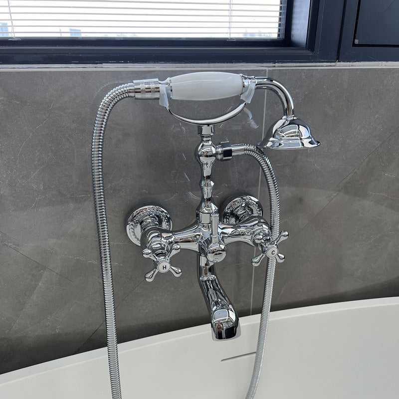 Gold and Silver Claw Foot Tub Faucet Wall Mounted 2-Handle Tub Filler with Handheld Shower