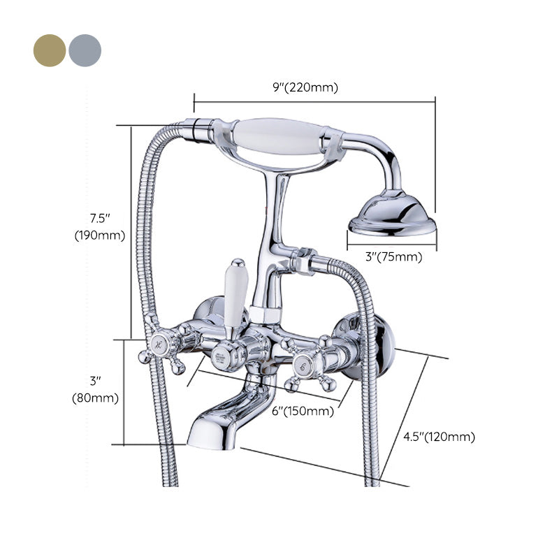 Gold and Silver Claw Foot Tub Faucet Wall Mounted 2-Handle Tub Filler with Handheld Shower