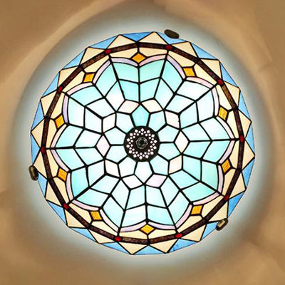 12"/16"/19.5" W Stained Glass Bowl Flush Mount Ceiling Light Lodge 1/2/4 Light Flush Mount Light in Blue/Light Blue for Living Room