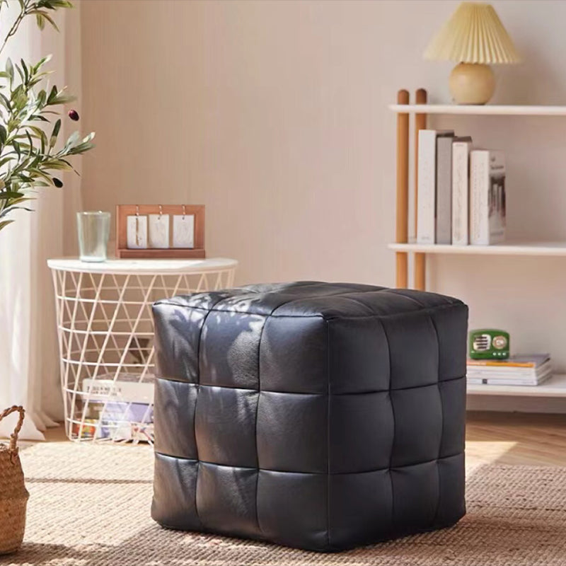 Contemporary Pouf Ottoman Genuine Leather Upholstered Tufted Square Ottoman