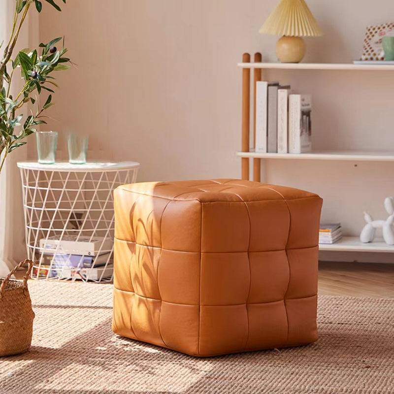 Contemporary Pouf Ottoman Genuine Leather Upholstered Tufted Square Ottoman