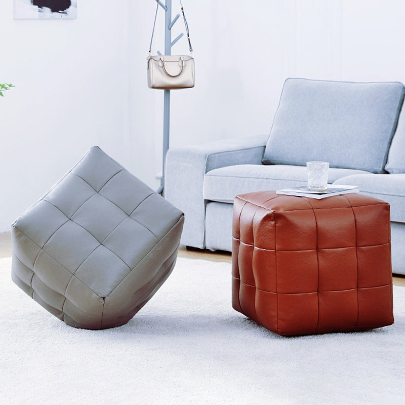 Contemporary Pouf Ottoman Genuine Leather Upholstered Tufted Square Ottoman