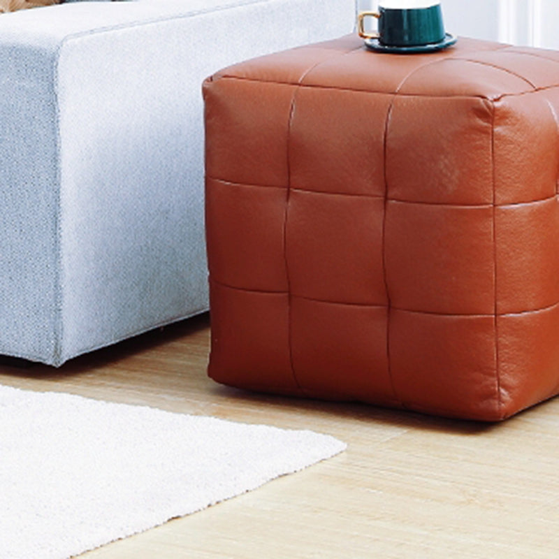 Contemporary Pouf Ottoman Genuine Leather Upholstered Tufted Square Ottoman