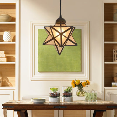 Textured White/Clear Star Hanging Pendant Light Tiffany Style 8"/12" W 1 Head Stainless Glass Ceiling Lamp for Dining Room
