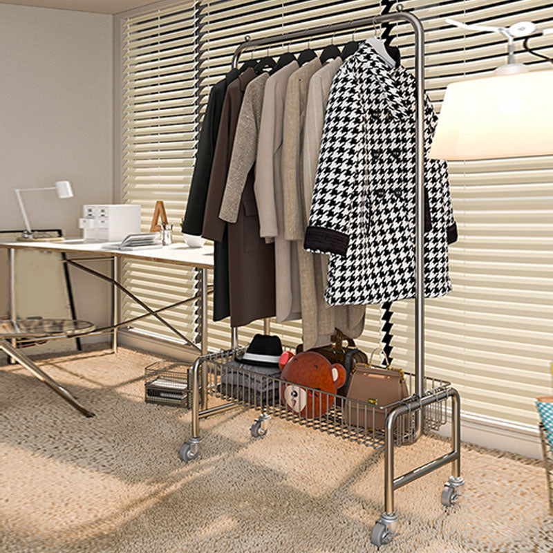 Industrial Metal Coat Rack Hanging Rail and Storage Basket Entryway Kit with Castors