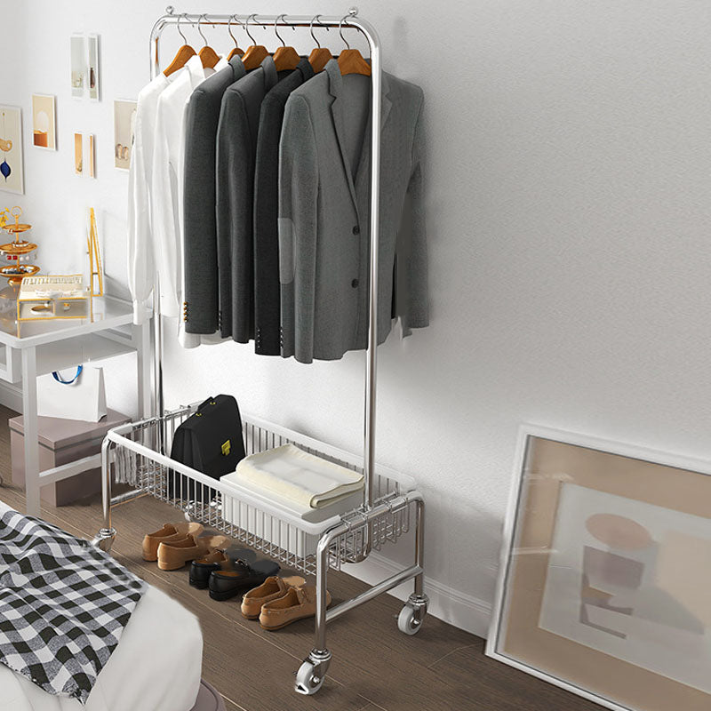 Industrial Metal Coat Rack Hanging Rail and Storage Basket Entryway Kit with Castors