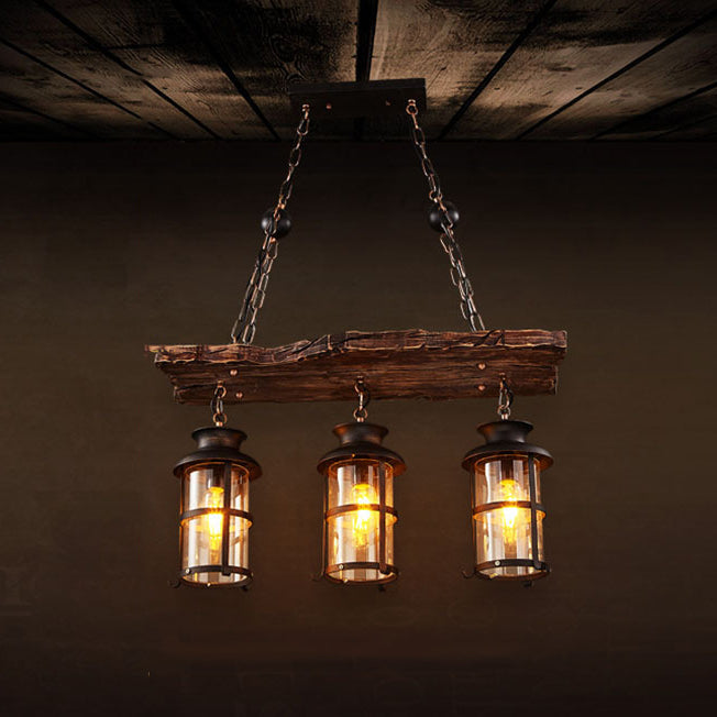 Rectangular Shape Pendant Light Industrial Style Wood 3 Lights Pendant Light in Brown