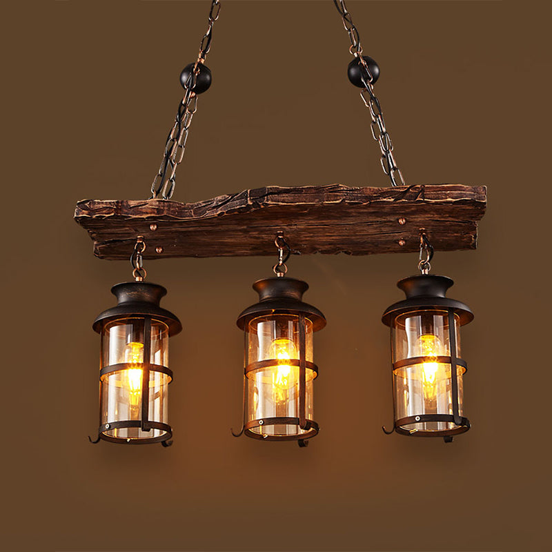 Rectangular Shape Pendant Light Industrial Style Wood 3 Lights Pendant Light in Brown