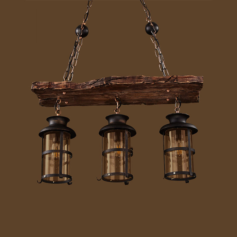 Rectangular Shape Pendant Light Industrial Style Wood 3 Lights Pendant Light in Brown
