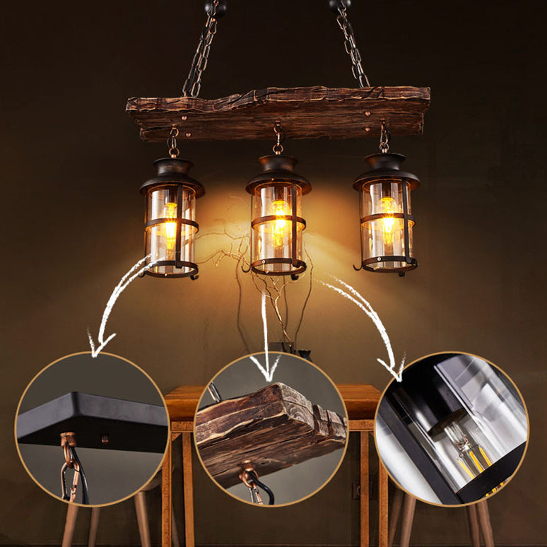 Rectangular Shape Pendant Light Industrial Style Wood 3 Lights Pendant Light in Brown