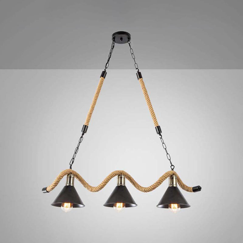3 / 5 - Light Pendant Ceiling Fixture Iron Cone Shade Kitchen Island Light with Hemp Rope