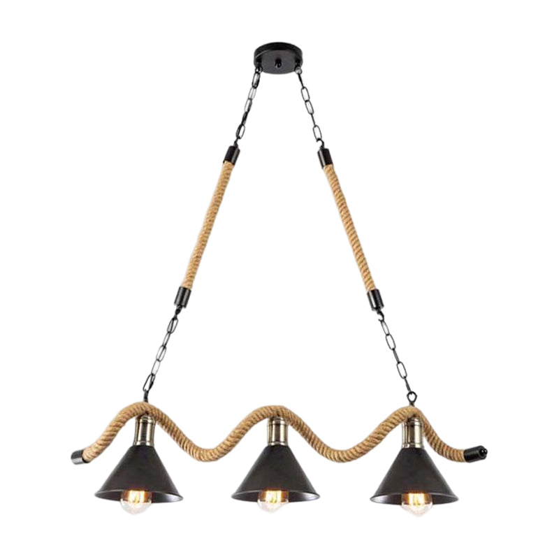 3 / 5 - Light Pendant Ceiling Fixture Iron Cone Shade Kitchen Island Light with Hemp Rope
