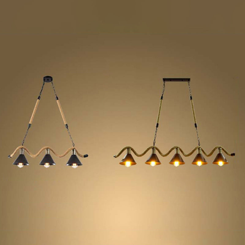 3 / 5 - Light Pendant Ceiling Fixture Iron Cone Shade Kitchen Island Light with Hemp Rope