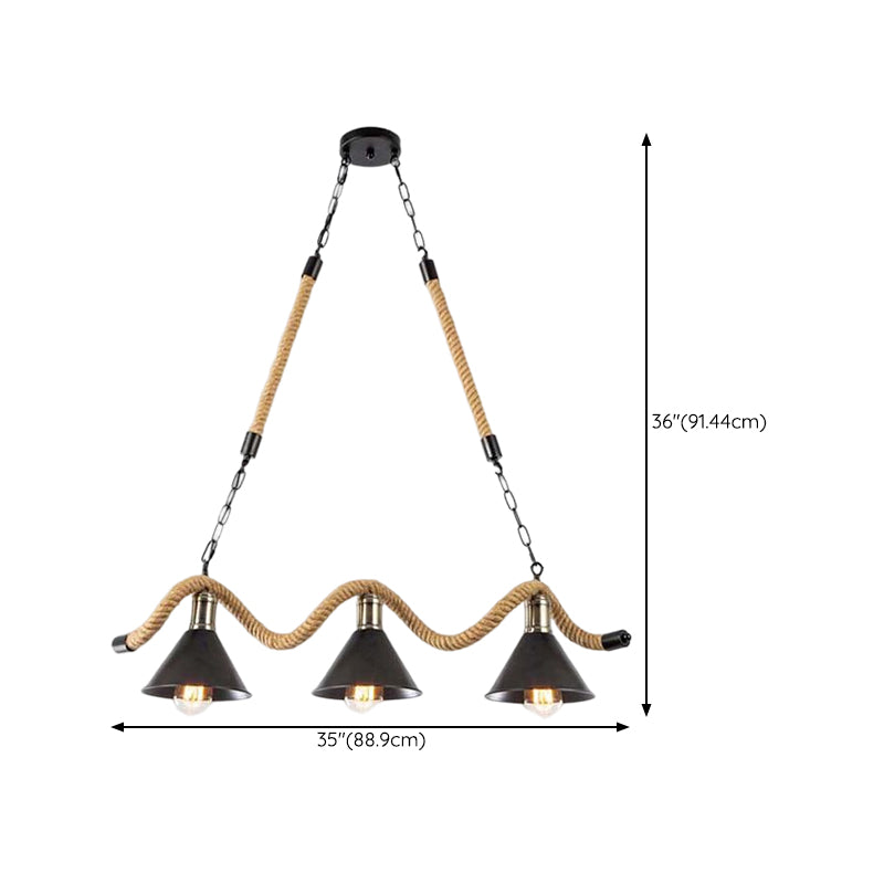 3 / 5 - Light Pendant Ceiling Fixture Iron Cone Shade Kitchen Island Light with Hemp Rope